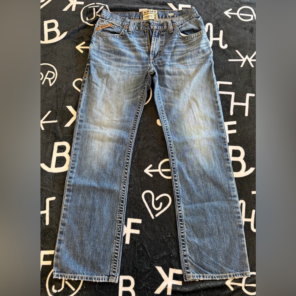 32x32 Ariat Weatherford Straight Leg Jeans Smokey Wash Mid Rise Western Denim